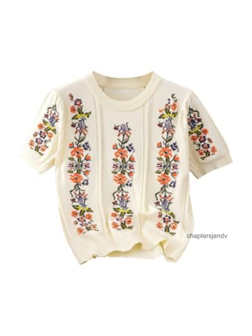 Floral Knit Sweater Pullover Short Sleeve Boho Crew Neck Lightweight Summer Top